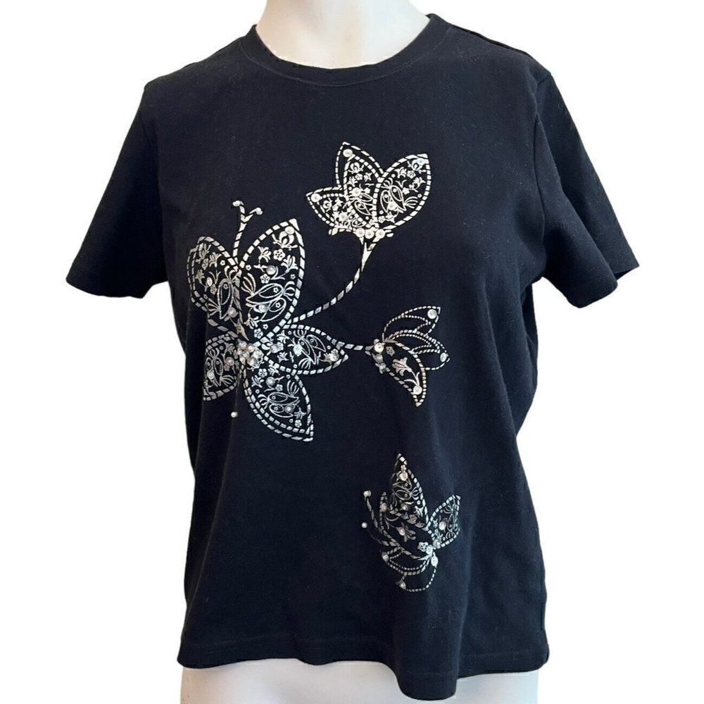 Womens L Black Butterfly Sequined Shirt Top Pullover Silver Butterflies